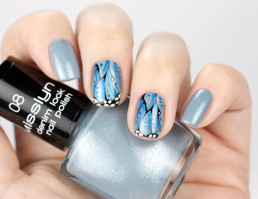 Misslyn Denim Look Nail Polish – 08 stonewashed – butterfly nailart