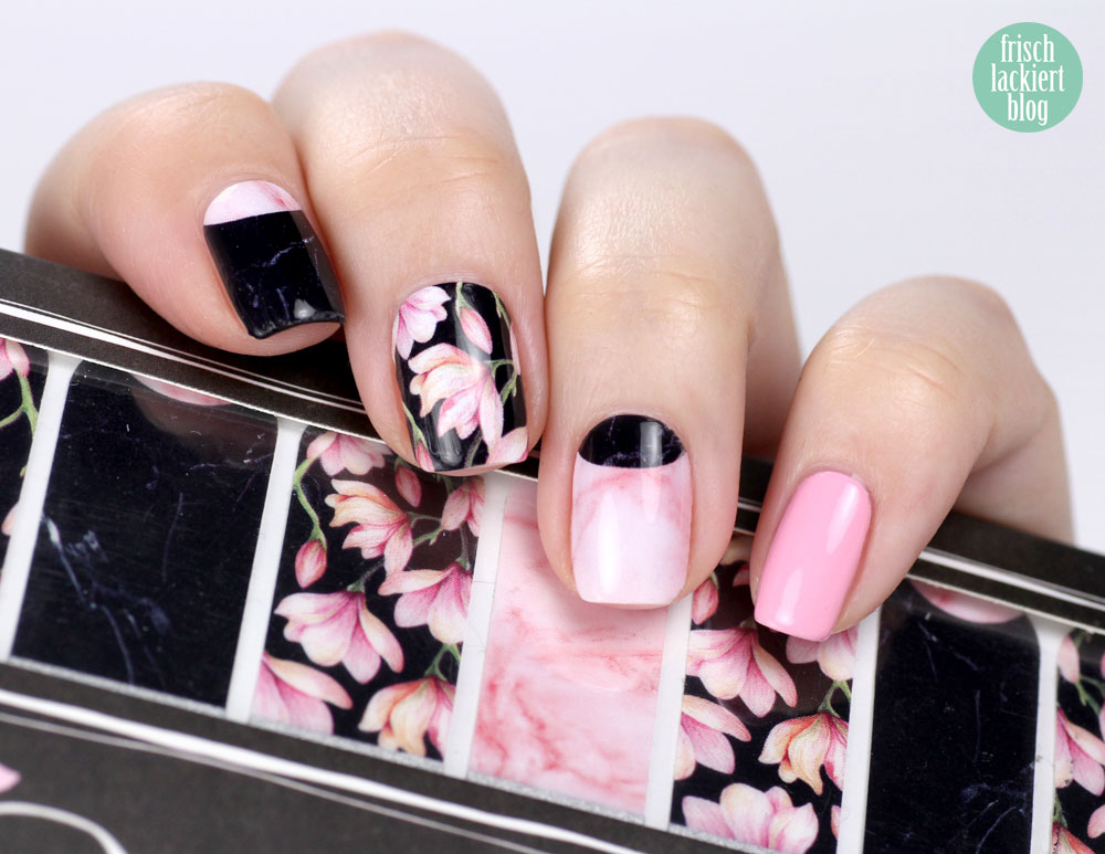 Sticker Gigant – Marmor Magnolia – Nailwraps – Nagelsticker Rosa Schwarz – swatch by frischlackiert