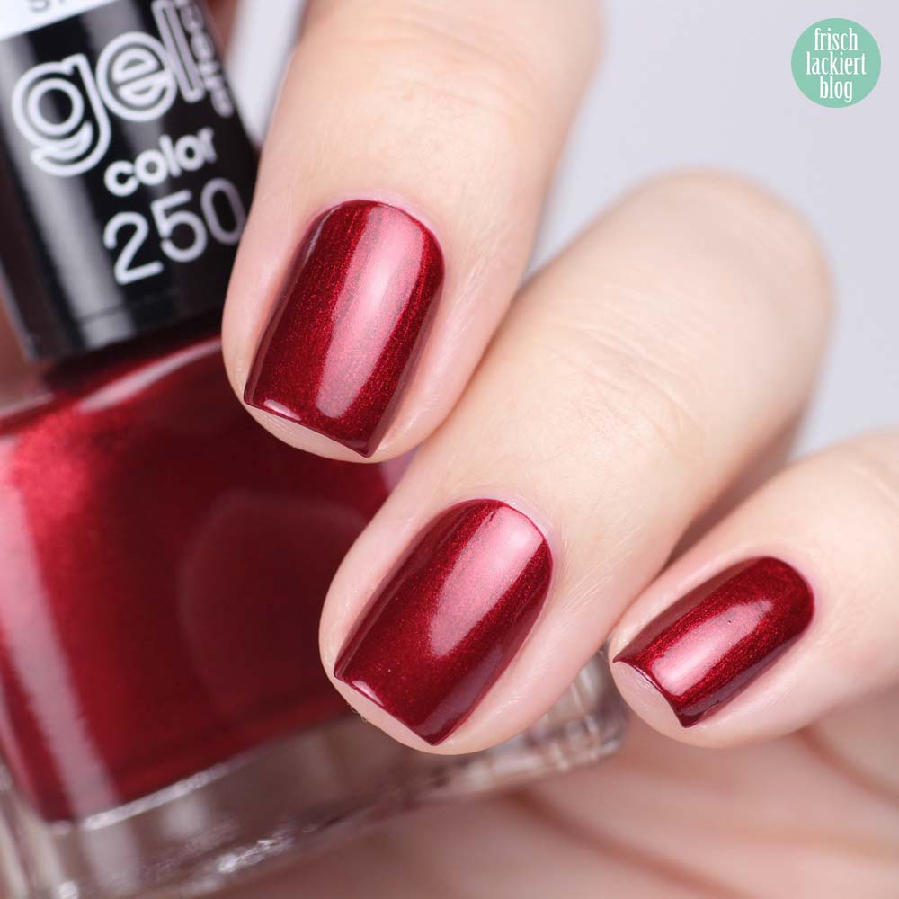 Misslyn Gel Effekt Nagellack – 250 glam alert – Schimmer Dunkelrot - swatch by frischlackiert