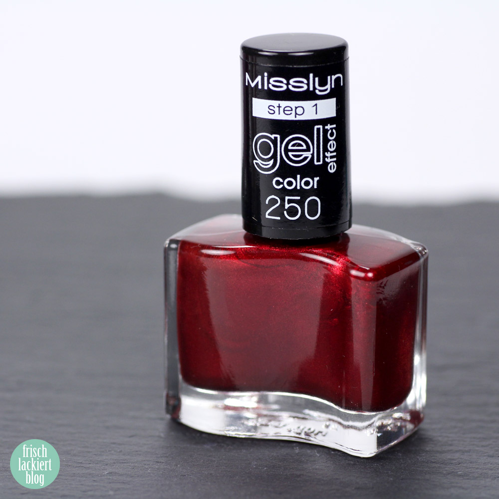 Misslyn Gel Effekt Nagellack – 250 glam alert – Schimmer Dunkelrot - swatch by frischlackiert