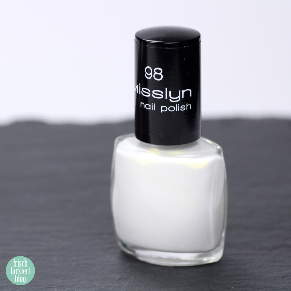 Misslyn Nagellack – 98 white sensation – Schimmer Weiß mit Gold – swatch by frischlackiert