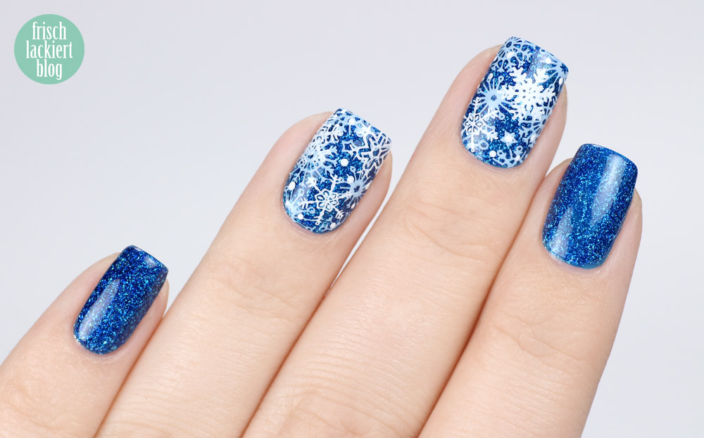 Colors by Llarowe – Healing Waters – Schnee Stamping Nailart – swatch by frischlackiert