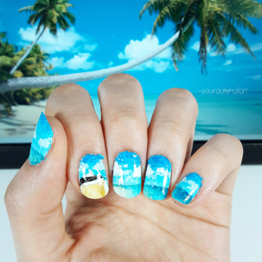 Frischlackiert-Challenge Gastbeitrag von Martha / Yourdailynailart – Paradies und Karibik Nailart freihand gezeichnet