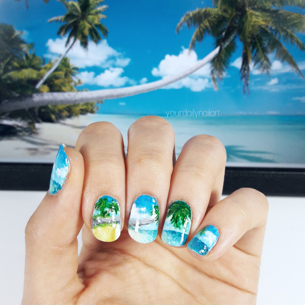 Frischlackiert-Challenge Gastbeitrag von Martha / Yourdailynailart – Paradies und Karibik Nailart freihand gezeichnet