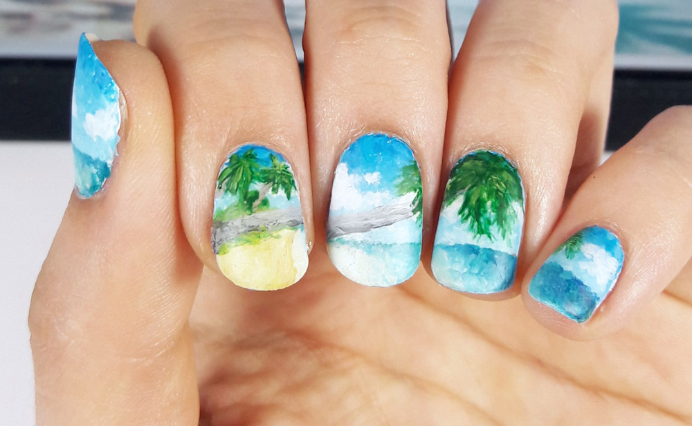 Frischlackiert-Challenge Gastbeitrag von Martha / Yourdailynailart – Paradies und Karibik Nailart freihand gezeichnet