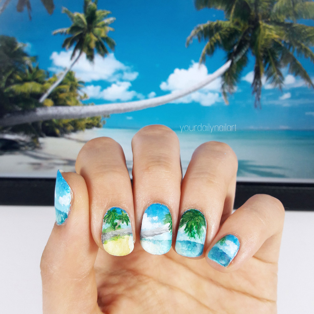 Frischlackiert-Challenge Gastbeitrag von Martha / Yourdailynailart – Paradies und Karibik Nailart freihand gezeichnet
