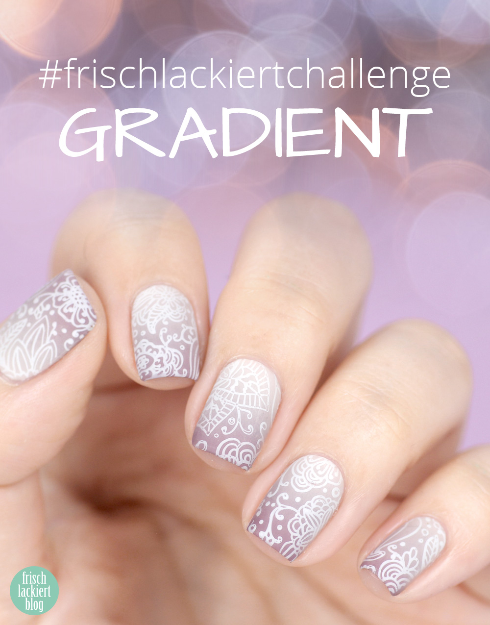 Frischlackiert-Challenge Gradient Nailart mit Blumen Stamping Weiß Flieder – by frischlackiert