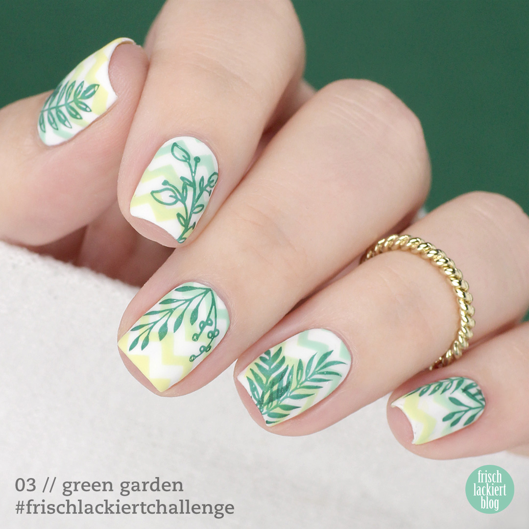 Frischlackiert-Challenge green garden nailart – chevron stamping nails - by frischlackiert