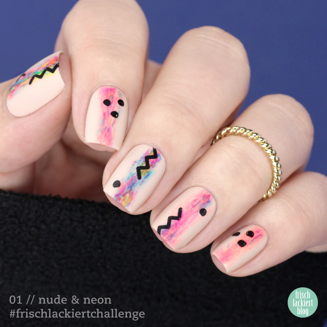 Frischlackiert Challenge – Nude und Neon Nailart mit schwarzem Stamping – by frischlackiert
